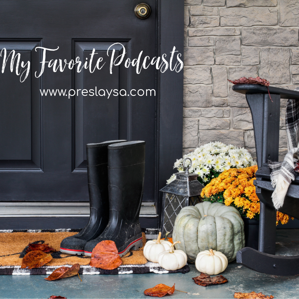 Rain boots, pumpkins, and a rocking chair at the front door