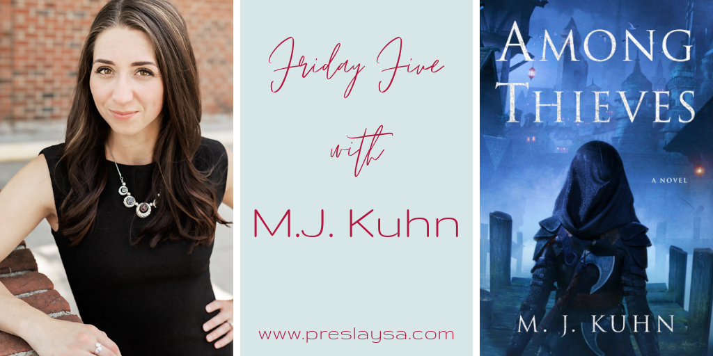 Picture of author MJ Kuhn and her debut fantasy novel Among Thieves