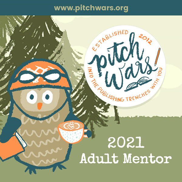 Text says Pitch Wars 2021 Adult Mentor and there is a picture of an owl holding a book and a cup of coffee